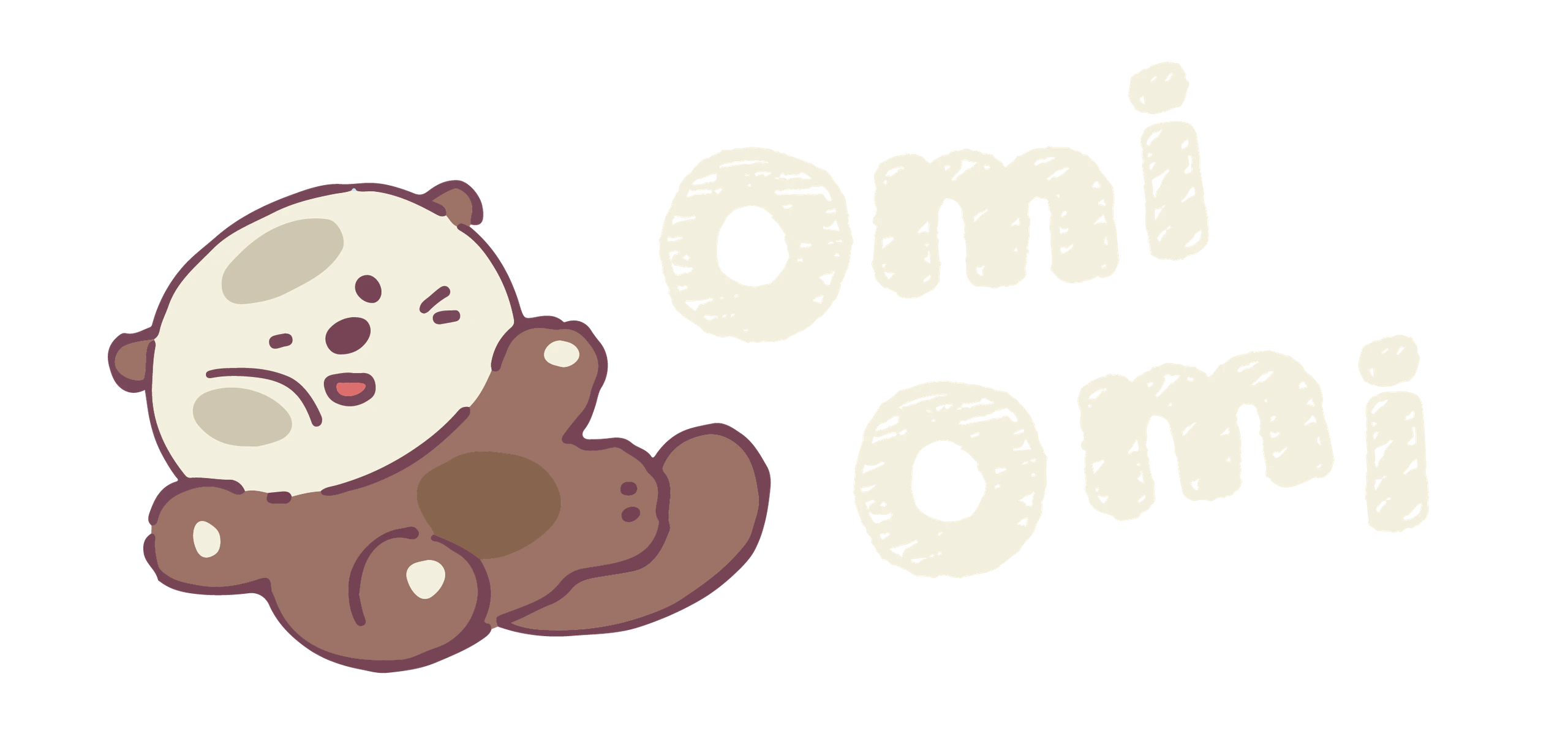 Reclining Omi beside the OMIOMI wordmark