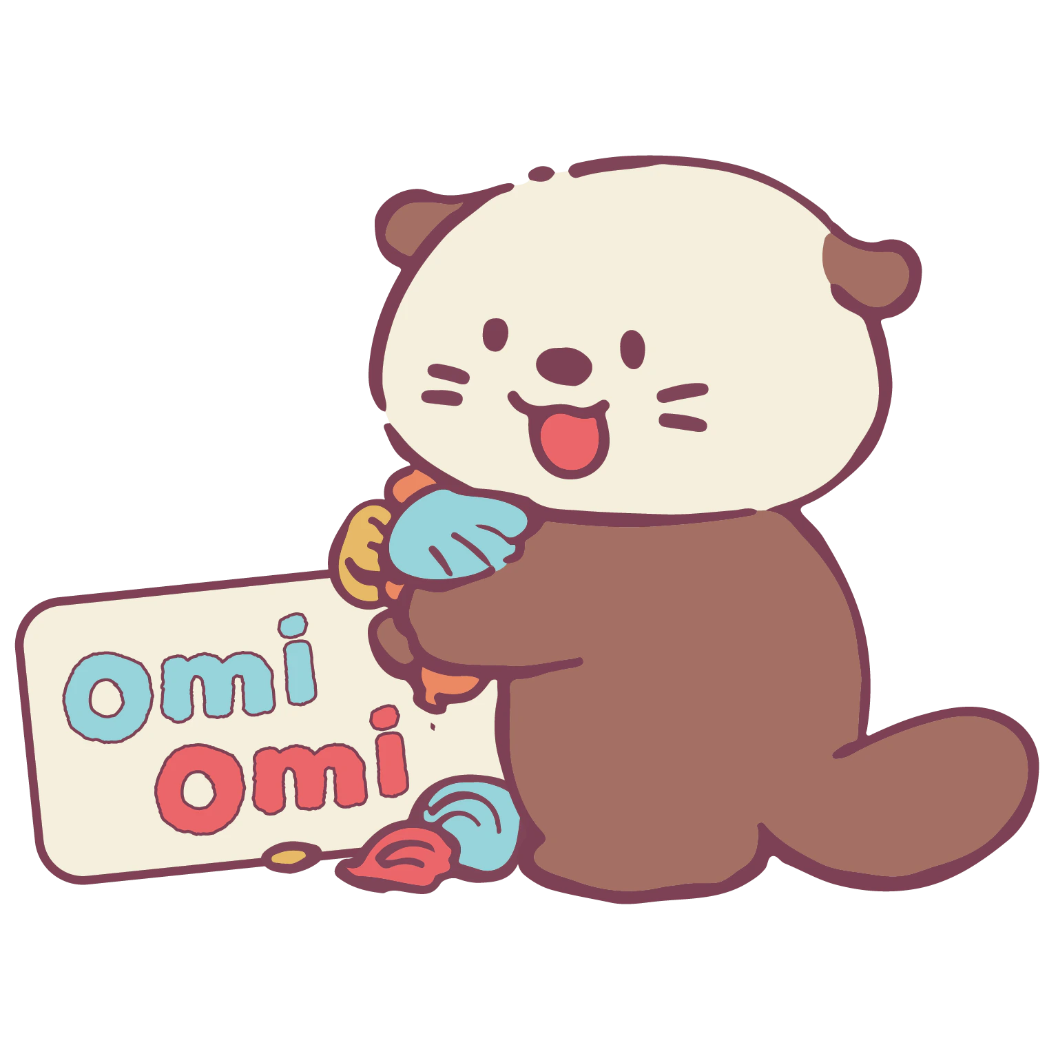 Omi holding a sign in a keychain graphic